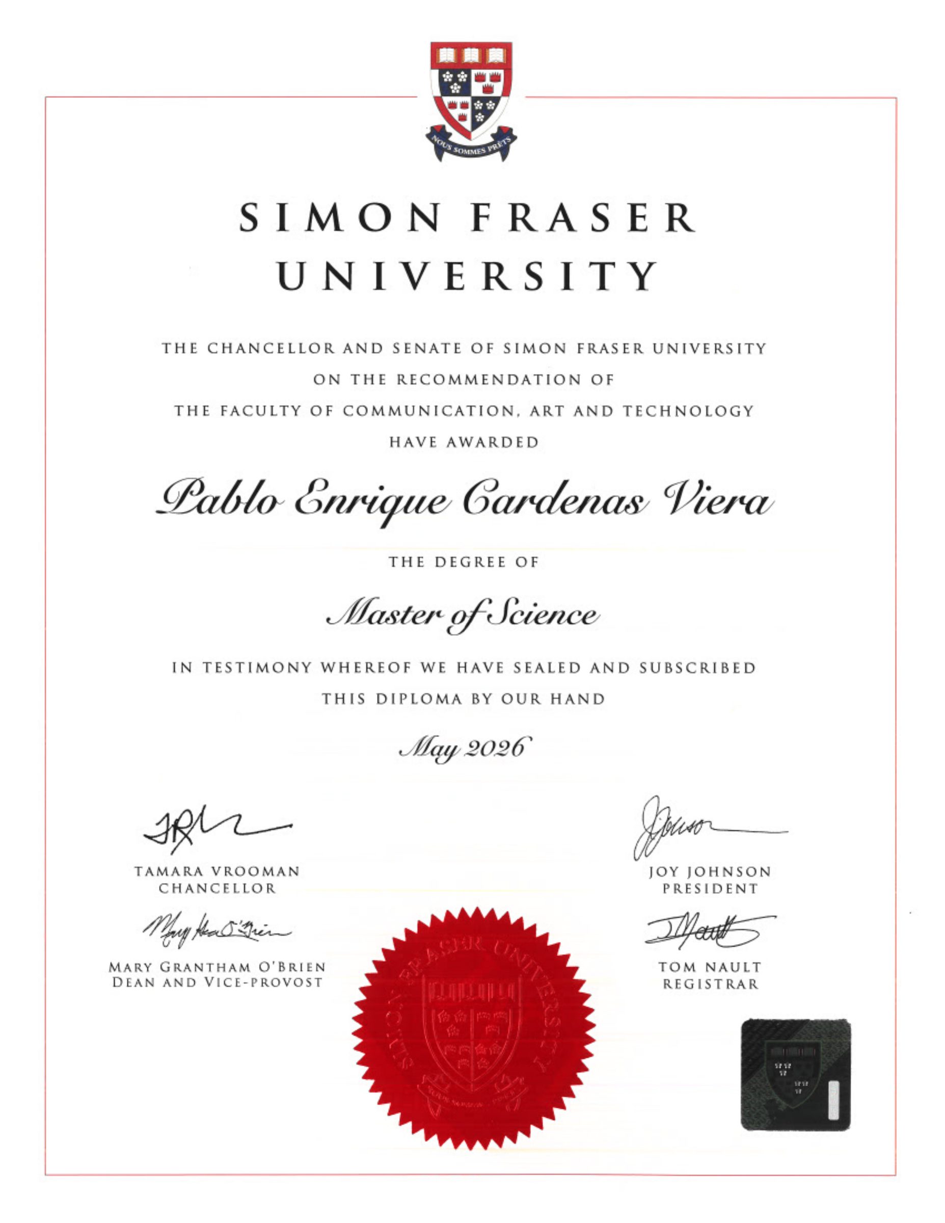 Master of Science, Interactive Arts & Technology, Simon Fraser University