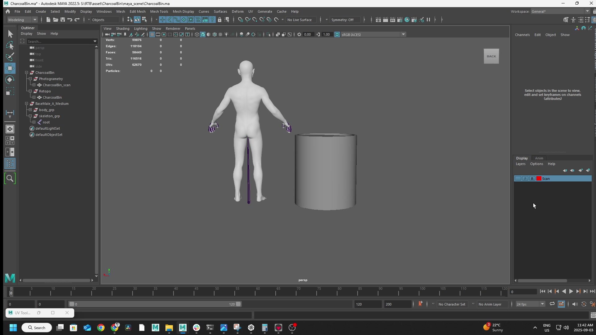 Maya retopology workspace: the high-poly photogrammetry scan and the retopologised low-poly mesh side by side, with a human reference figure for scale