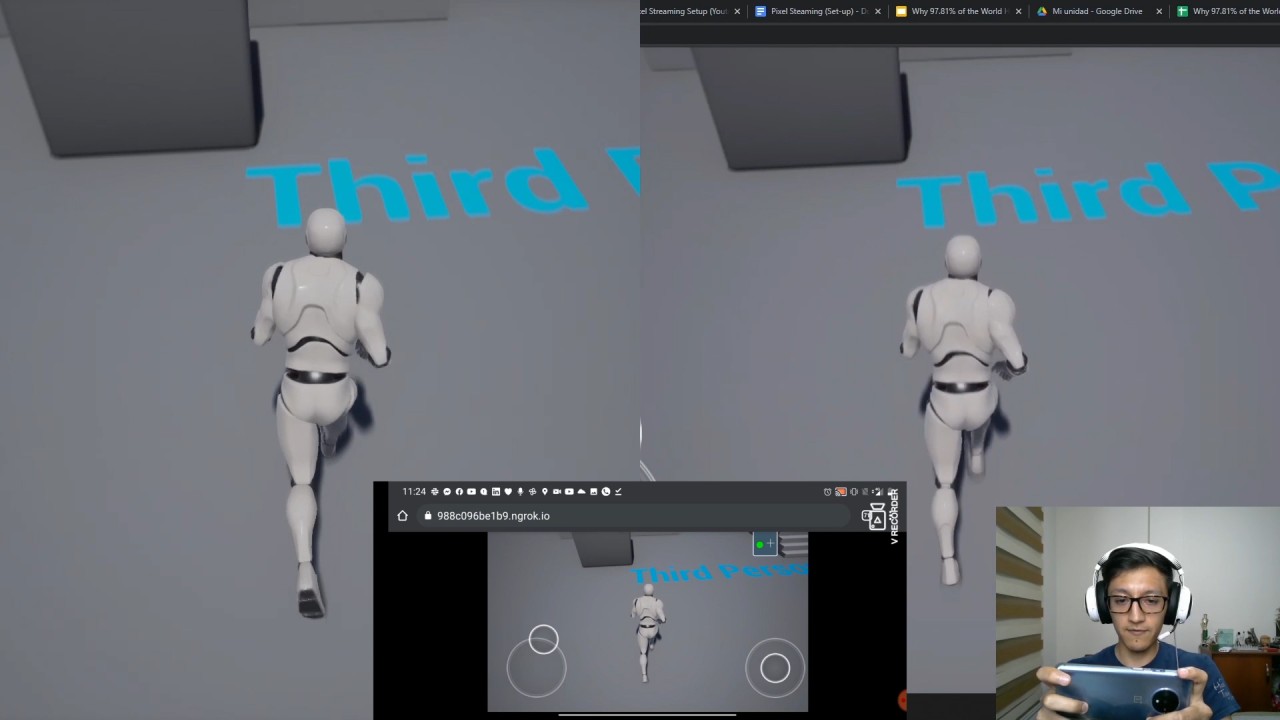 The demo from the LinkedIn article and YouTube tutorial: the same Unreal Engine third-person scene running on a PC (top) and streamed live to a phone via Ngrok (bottom right), both controllable simultaneously.