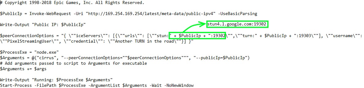 Editing the STUN server entry in the signalling server PowerShell file
