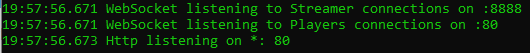 Signalling server console confirming WebSocket listeners on ports 8888 and 80, HTTP on port 80