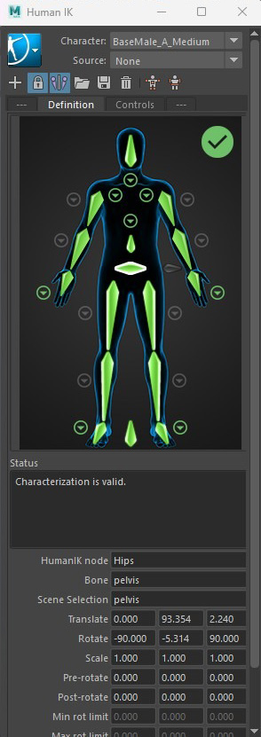 A successful characterization in MotionBuilder, with every bone slot mapped to its corresponding joint on the simplified MetaHuman skeleton
