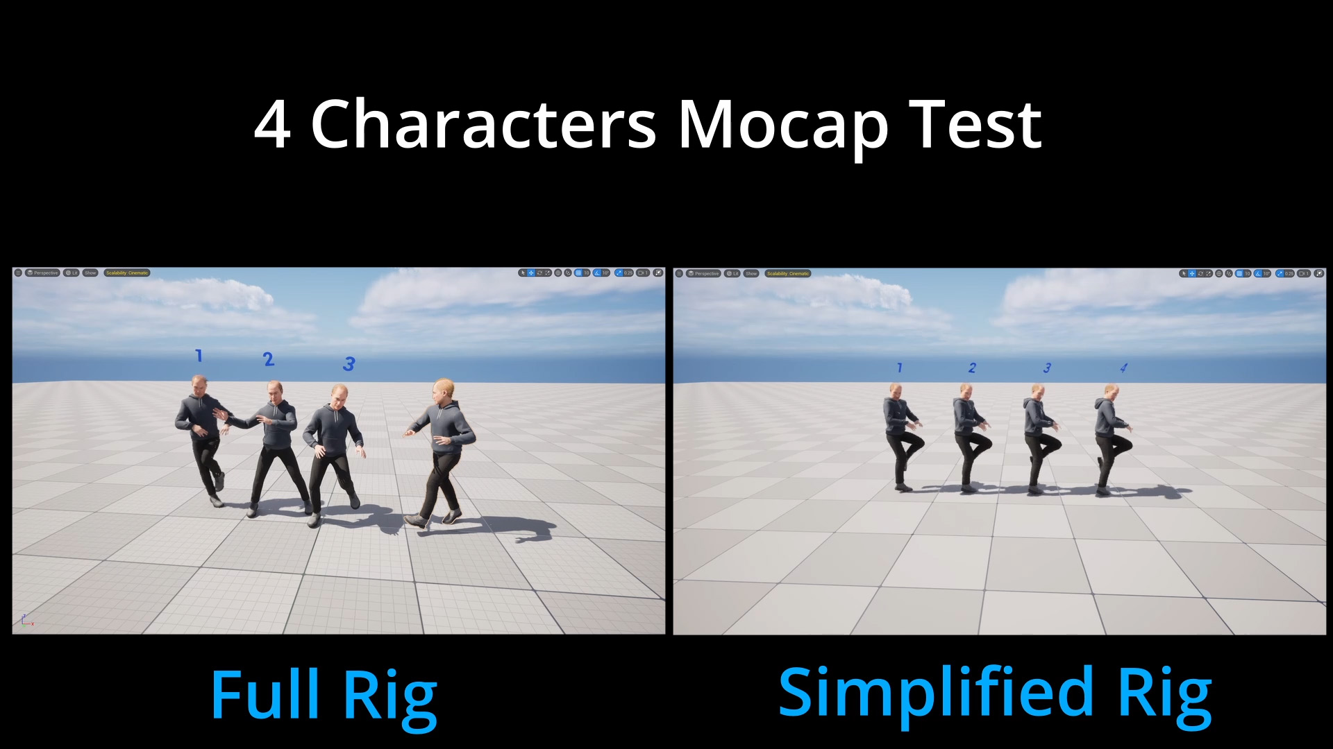 Live MoCap test in Unreal: four characters on the left running the default skeleton freeze under the streaming load, while four on the right using the simplified skeleton animate smoothly, all driven by a single performer