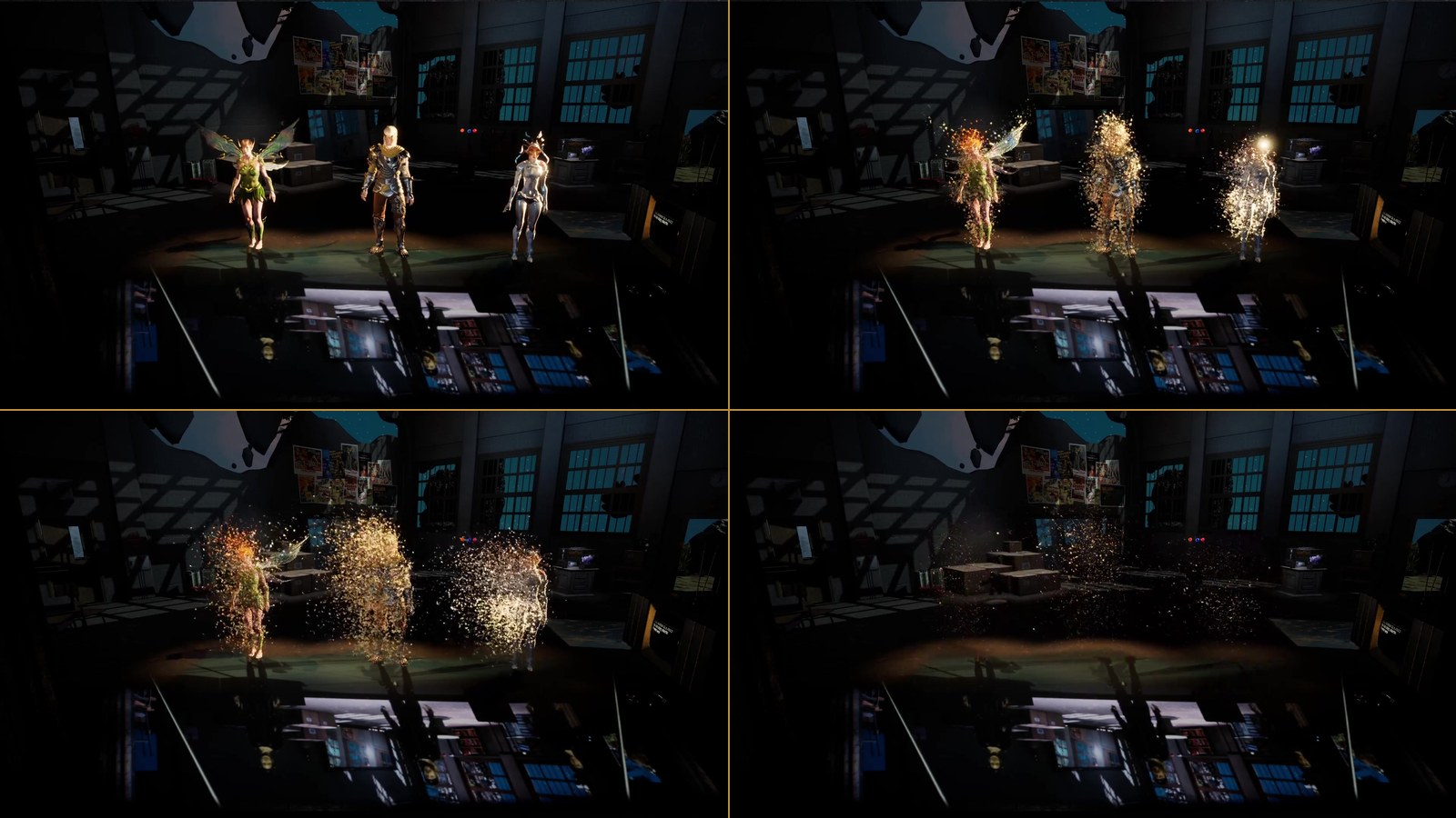 Dissolve progression in four frames — top-left: the trio holding their final pose with reflections on the floor; top-right: dissolve ignites with particles ringing out from each character; bottom-left: peak dissolve, the bodies are made entirely of glowing particles; bottom-right: the characters are gone and the gold dust drifts up through the empty warehouse.