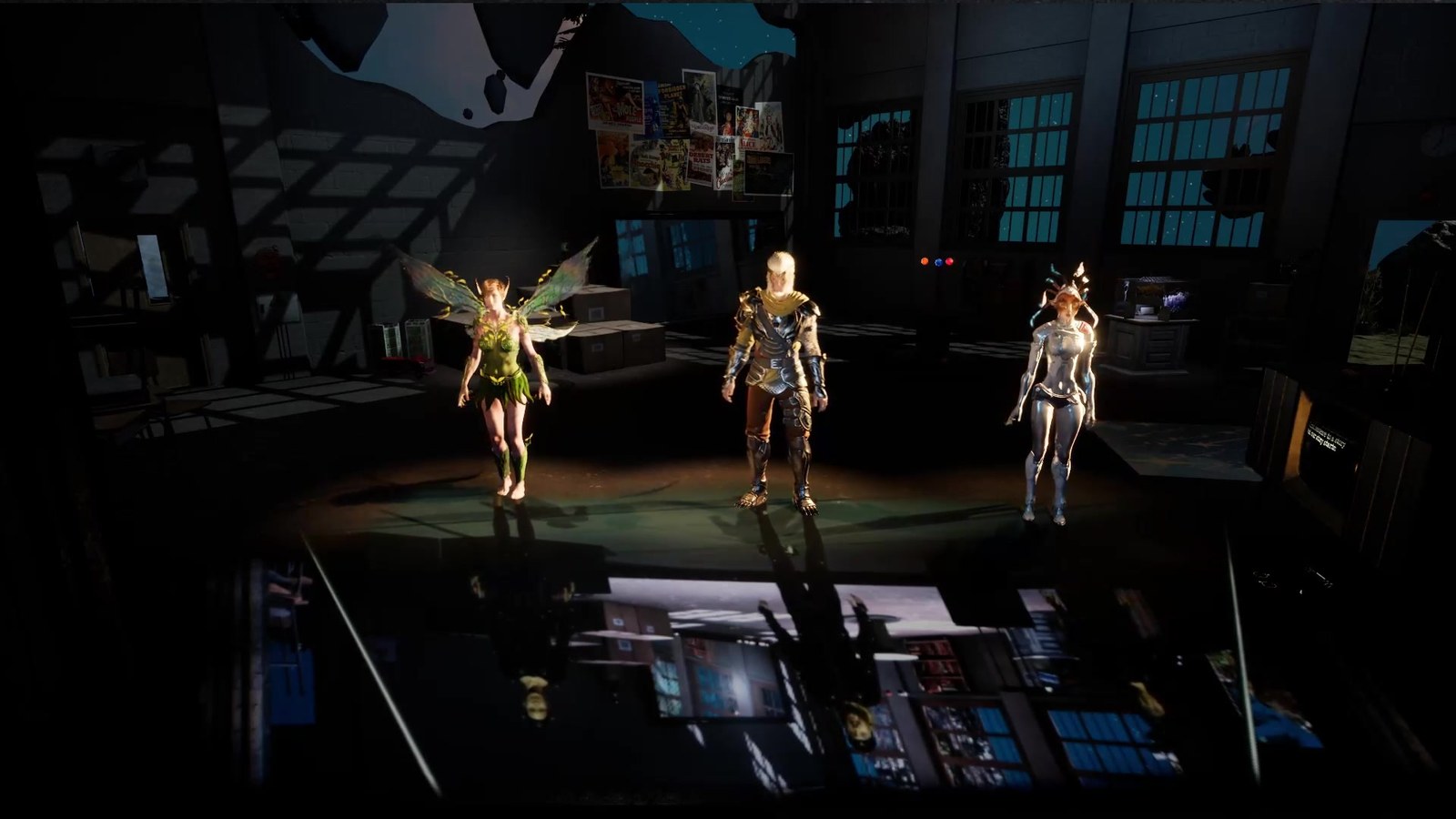 All three characters lined up for the finale — Wukong centre, fairy on the left, the silver-and-horned juggler on the right. Ray-traced reflections of the trio mirror back from the warehouse floor.