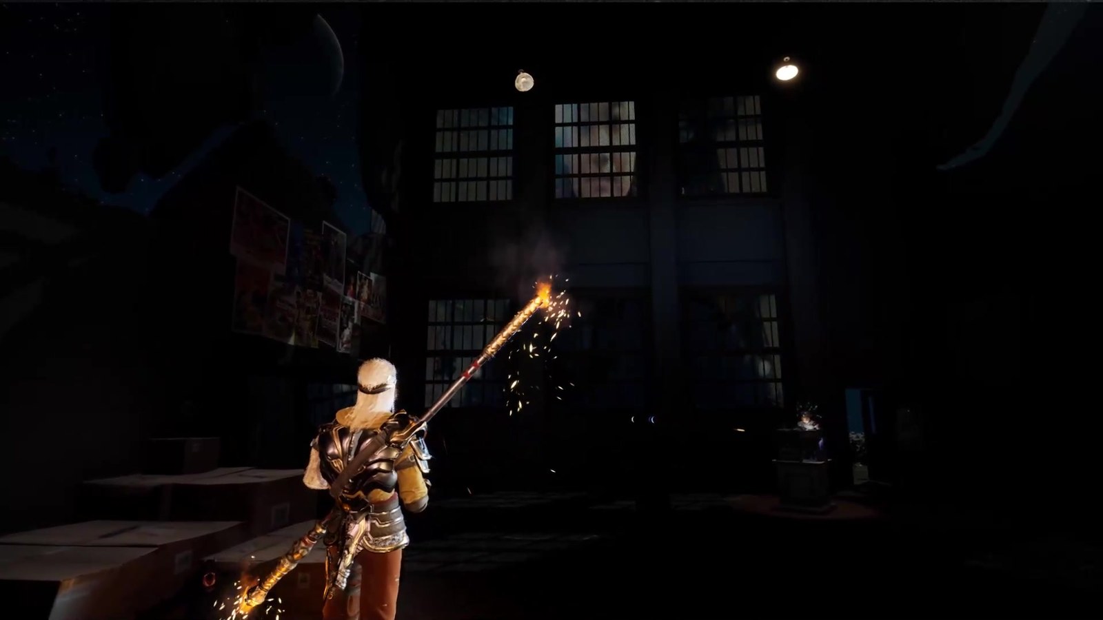Wukong with the fire staff lit up, sparks tracing from the tips against the warehouse interior